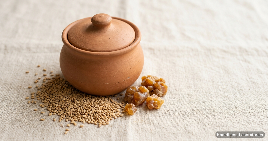 Ayurvedic product — Knee & Joint Pain Relief Kit featuring til, hing, photographed in a wellness setting