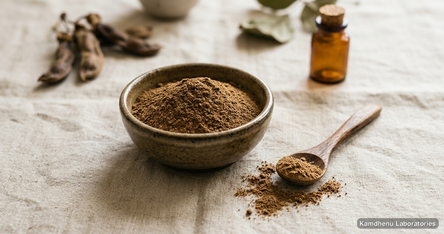 Ayurvedic powder — Kounch Seed Powder (Mucuna Pruriens), photographed in a wellness setting