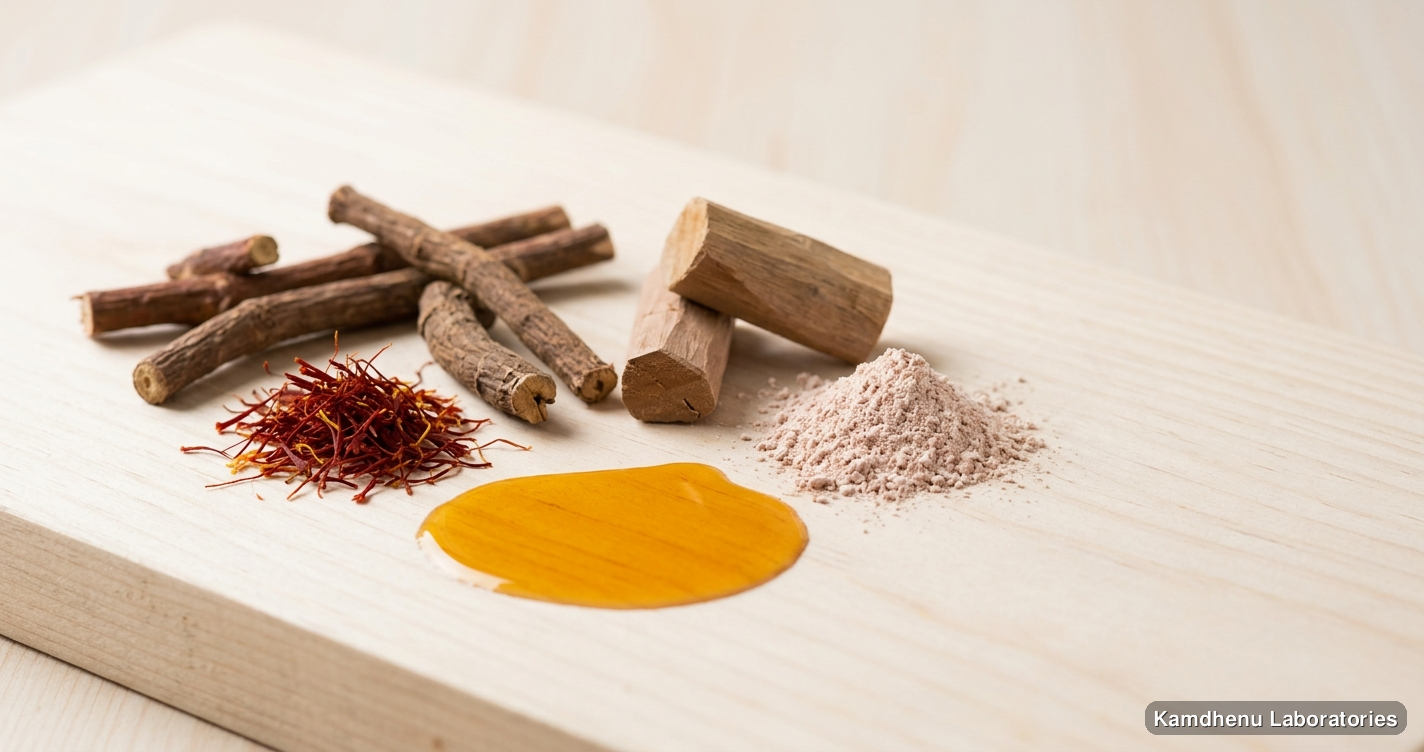 Kumkumadi Oil | 30 ml (Pack of 5) — Ayurvedic oil containing manjistha, chandan, sandalwood. Clean product photograph on a soft light background.