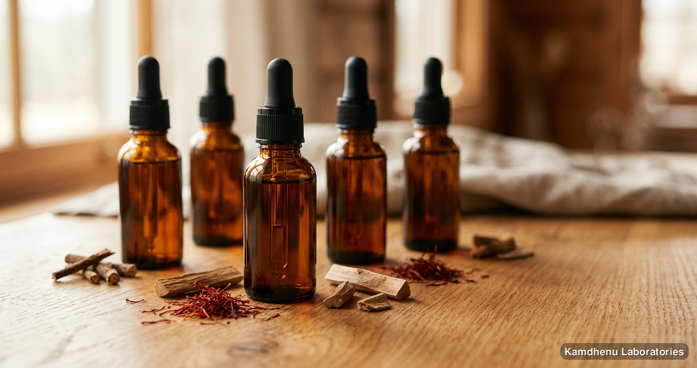 Ayurvedic oil — Kumkumadi Oil | 30 ml (Pack of 5) featuring manjistha, chandan, sandalwood, photographed in a wellness setting