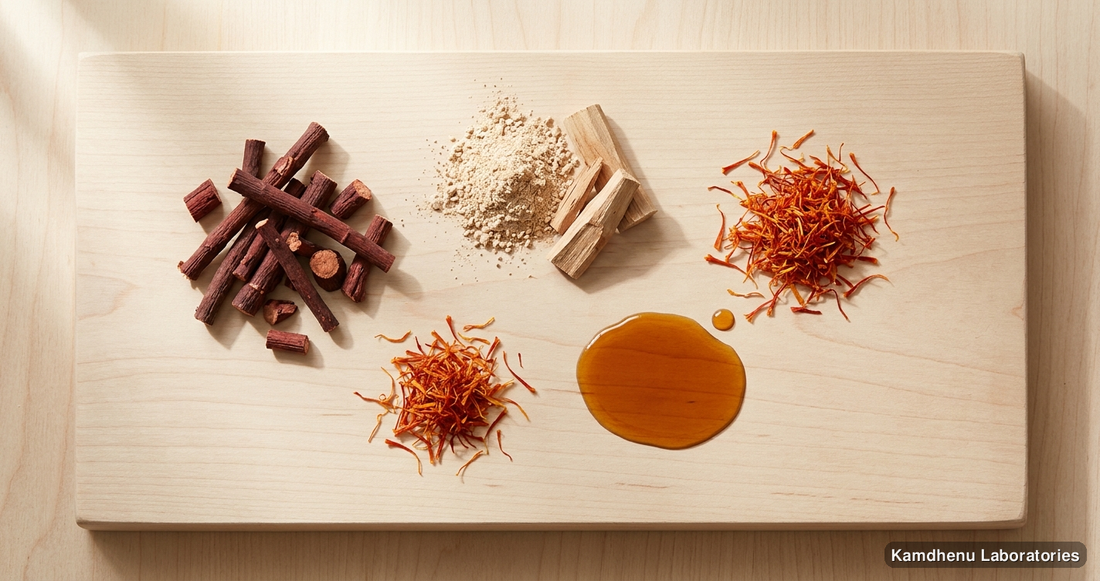 Kumkumadi Taila | 30 ml (Pack of 2) — Ayurvedic oil containing manjistha, chandan, sandalwood. Clean product photograph on a soft light background.