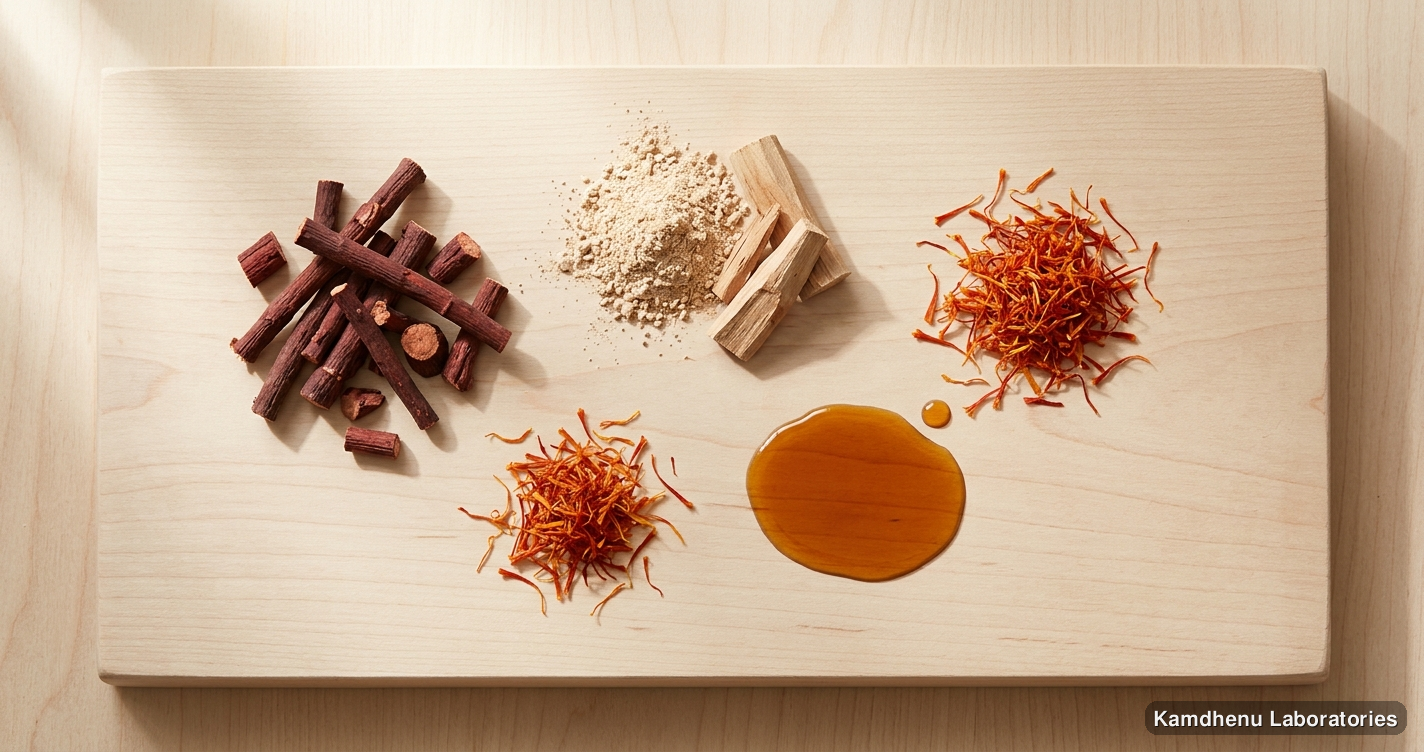 Kumkumadi Taila | 30 ml (Pack of 2) — Ayurvedic oil containing manjistha, chandan, sandalwood. Clean product photograph on a soft light background.
