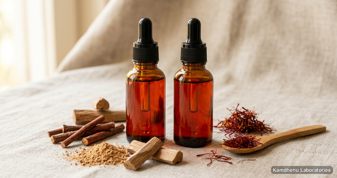 Ayurvedic oil — Kumkumadi Taila | 30 ml (Pack of 2) featuring manjistha, chandan, sandalwood, photographed in a wellness setting