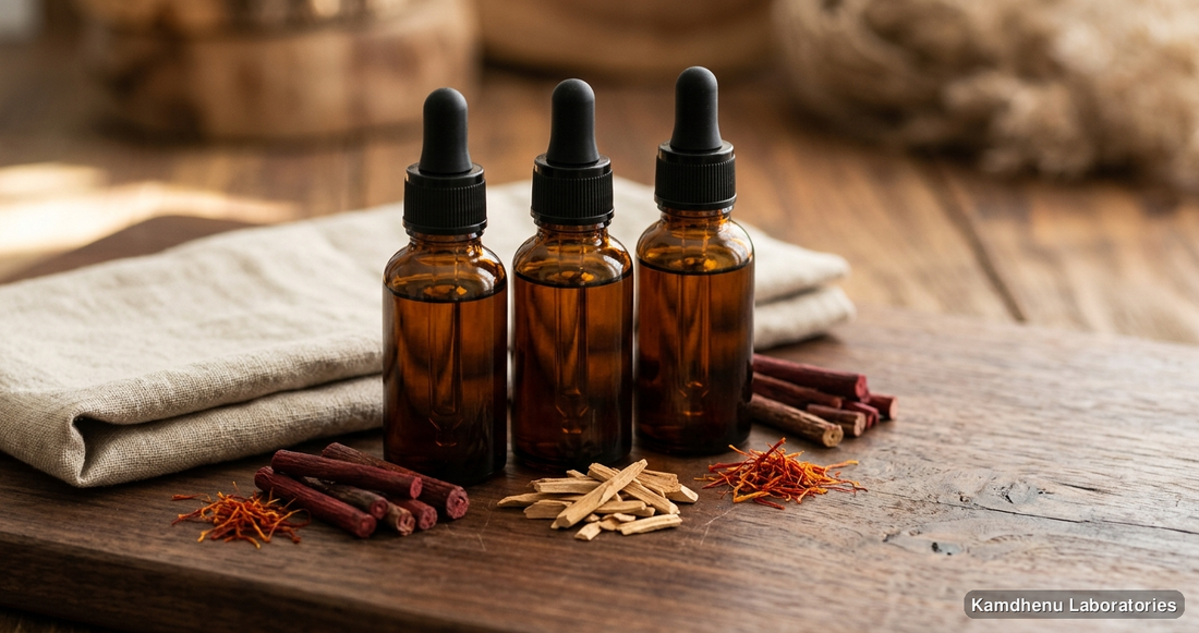 Ayurvedic oil — Kumkumadi Taila | 30 ml (Pack of 3) featuring manjistha, chandan, sandalwood, photographed in a wellness setting