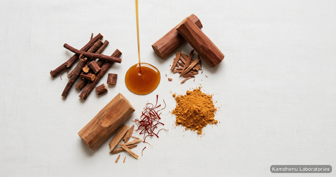 Kumkumadi Taila | 50 ml (Pack of Two) — Ayurvedic oil containing manjistha, chandan, sandalwood. Clean product photograph on a soft light background.