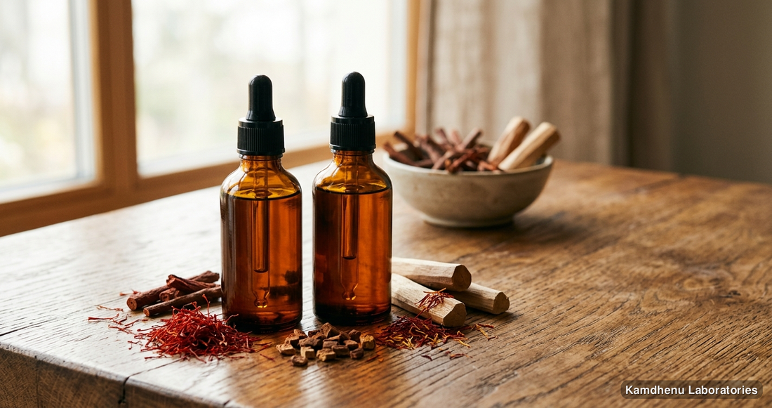 Ayurvedic oil — Kumkumadi Taila | 50 ml (Pack of Two) featuring manjistha, chandan, sandalwood, photographed in a wellness setting