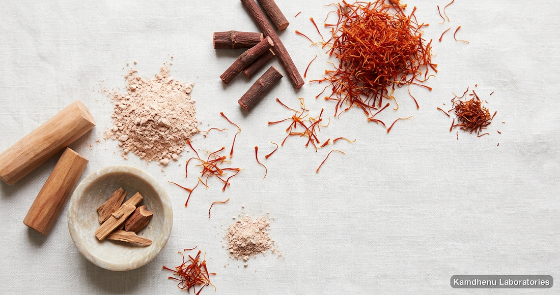 Kumkumadi Taila — Ayurvedic oil containing manjistha, chandan, sandalwood. Clean product photograph on a soft light background.