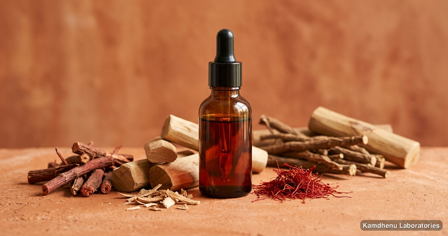 Ayurvedic oil — Kumkumadi Taila featuring manjistha, chandan, sandalwood, photographed in a wellness setting