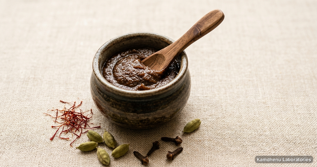 Ayurvedic paste — Kushmanda Avaleha | 500GM featuring kesar, saffron, elaichi, photographed in a wellness setting