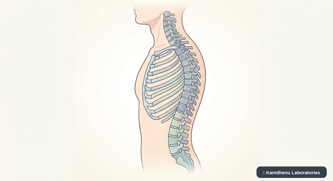 Editorial illustration representing Kyphosis for the Kamdhenu Laboratories educational wellness blog.