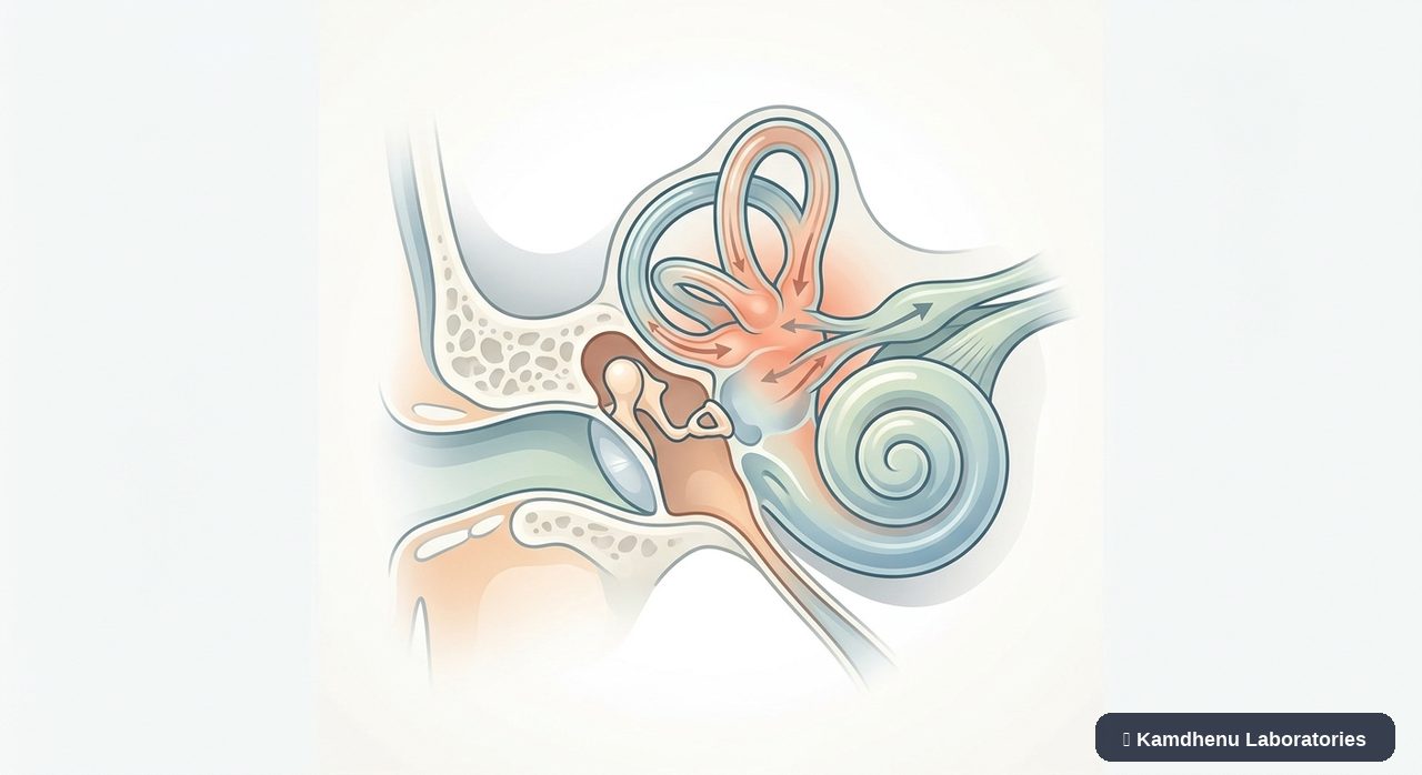 Editorial illustration representing Labyrinthitis for the Kamdhenu Laboratories educational wellness blog.