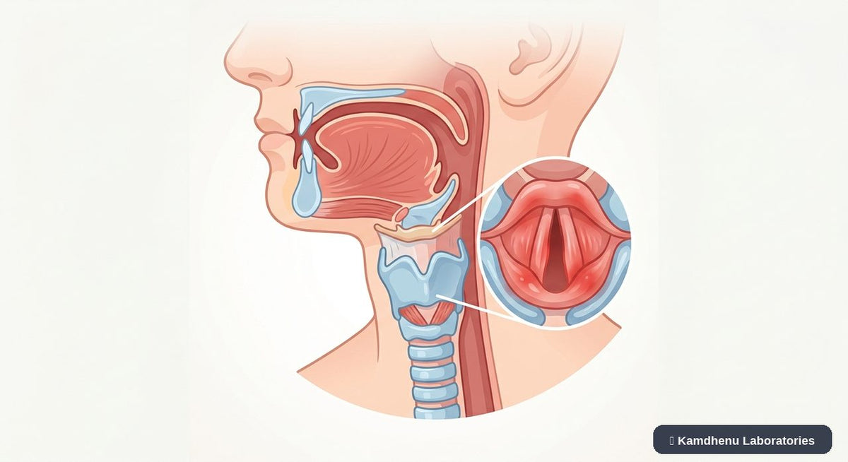 Editorial illustration representing Laryngitis for the Kamdhenu Laboratories educational wellness blog.