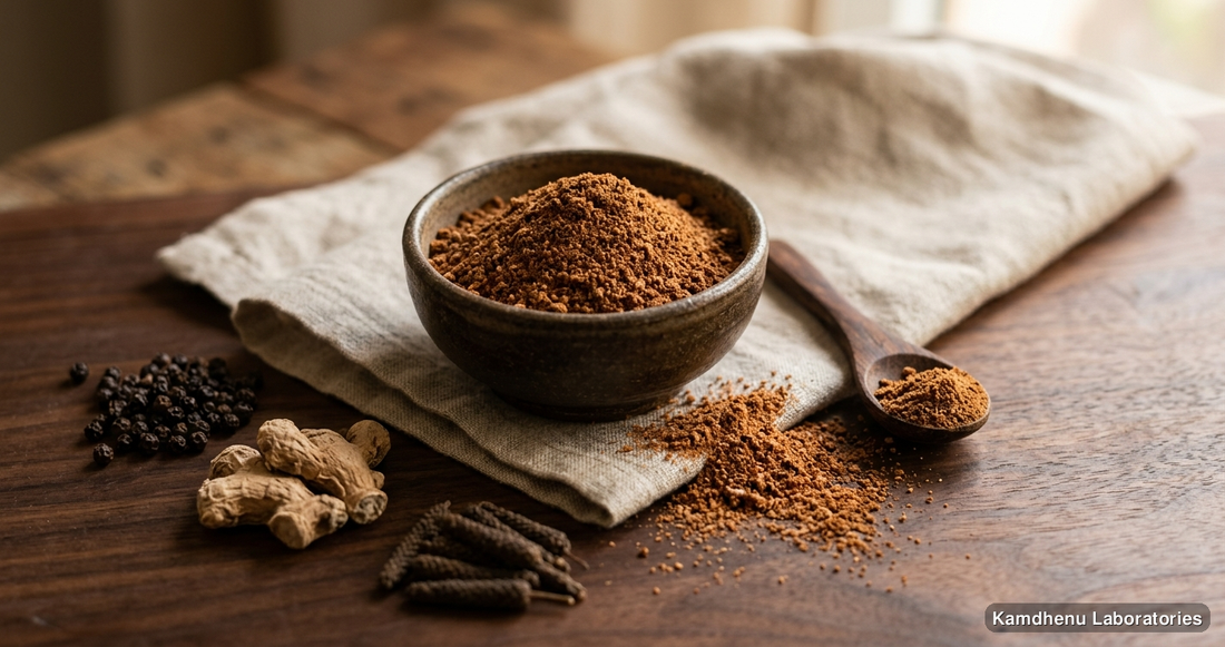 Ayurvedic powder — Lavan Bhaskar Churna | 250g featuring trikatu, photographed in a wellness setting