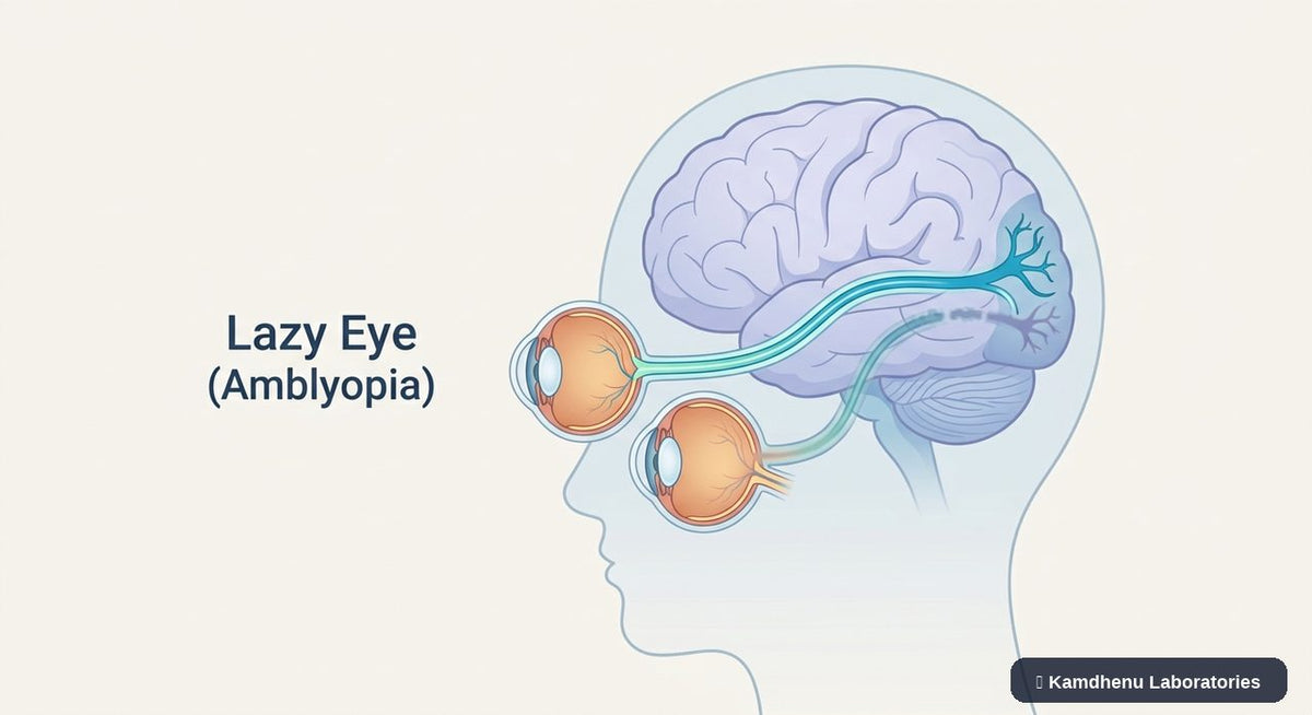 Editorial illustration representing Lazy eye (Amblyopia) for the Kamdhenu Laboratories educational wellness blog.