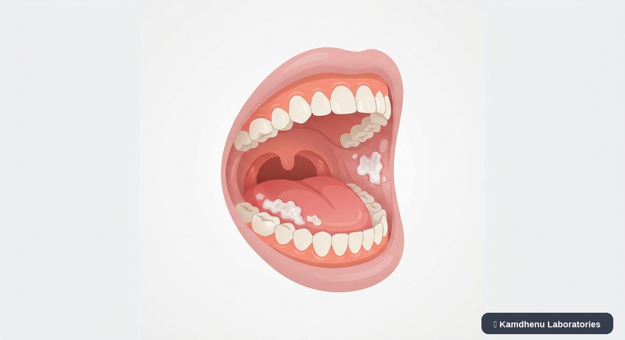 Editorial illustration representing Leukoplakia for the Kamdhenu Laboratories educational wellness blog.