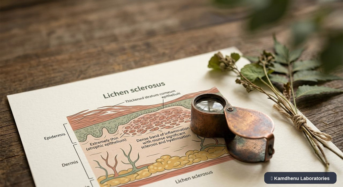 Editorial illustration representing Lichen sclerosus for the Kamdhenu Laboratories educational wellness blog.