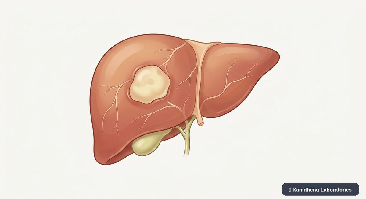 Editorial illustration representing Liver abscess for the Kamdhenu Laboratories educational wellness blog.