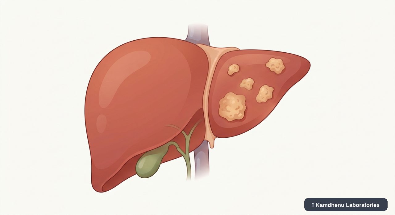 Editorial illustration representing Liver cancer for the Kamdhenu Laboratories educational wellness blog.