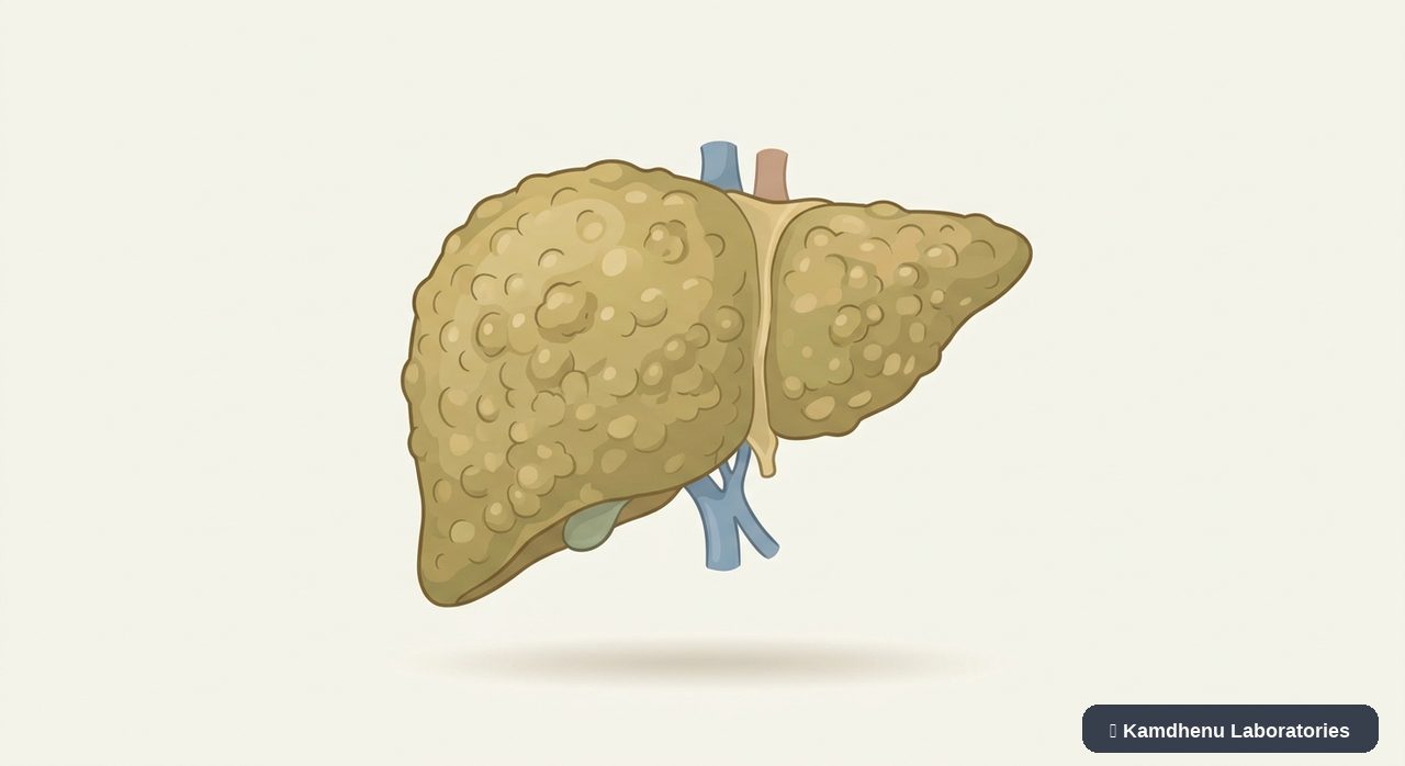 Editorial illustration representing Liver cirrhosis for the Kamdhenu Laboratories educational wellness blog.