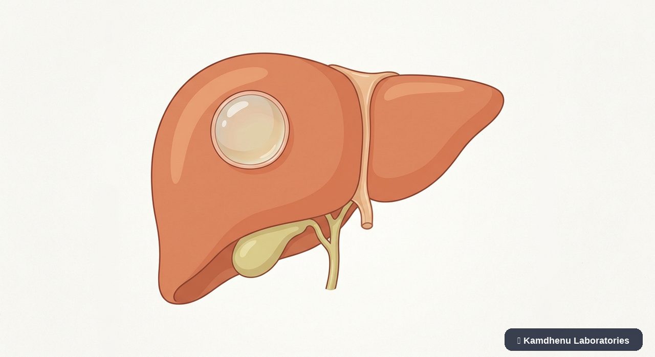 Editorial illustration representing Liver cyst for the Kamdhenu Laboratories educational wellness blog.
