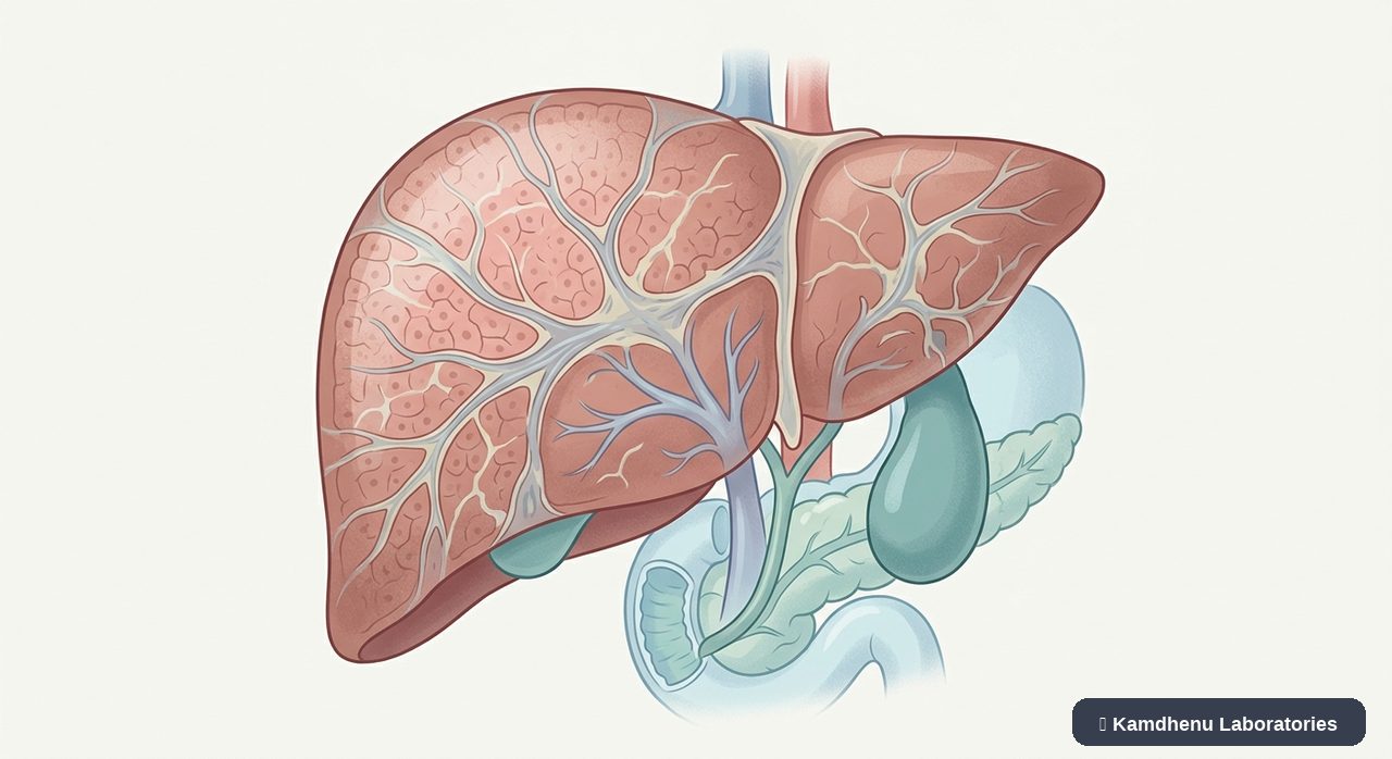 Editorial illustration representing Liver fibrosis for the Kamdhenu Laboratories educational wellness blog.