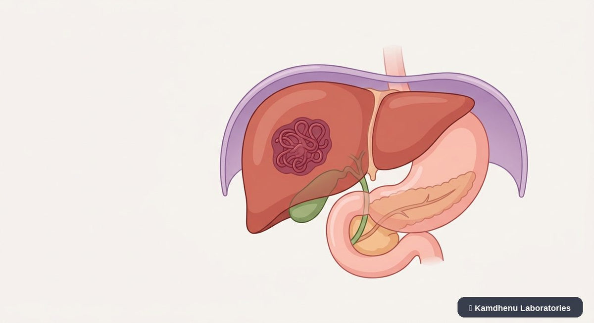 Editorial illustration representing Liver haemangioma for the Kamdhenu Laboratories educational wellness blog.