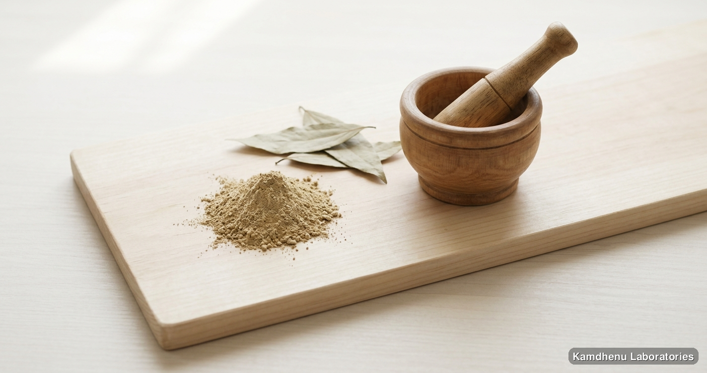 Lodhra Powder (Symplocos Racemosa) - 100% Natural Ayurvedic Harbal Powder — Ayurvedic powder. Clean product photograph on a soft light background.