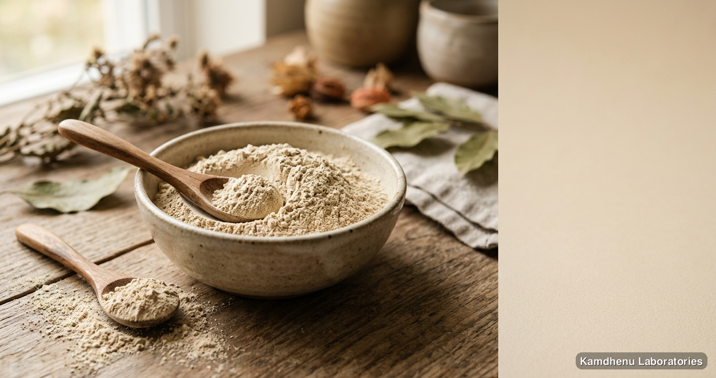 Ayurvedic powder — Lodhra Powder (Symplocos Racemosa) - 100% Natural Ayurvedic Harbal Powder, photographed in a wellness setting