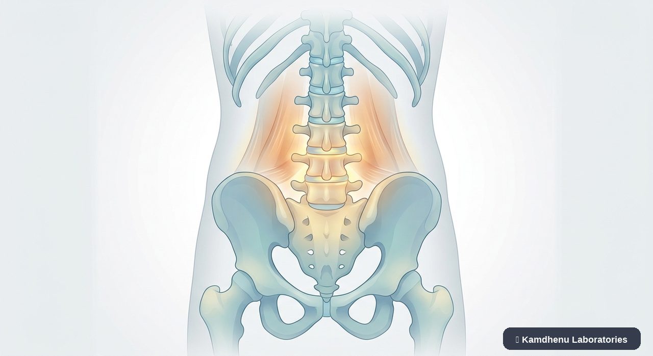 Editorial illustration representing Lower back pain for the Kamdhenu Laboratories educational wellness blog.