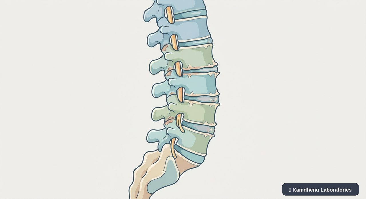 Editorial illustration representing Lumbar spondylosis for the Kamdhenu Laboratories educational wellness blog.