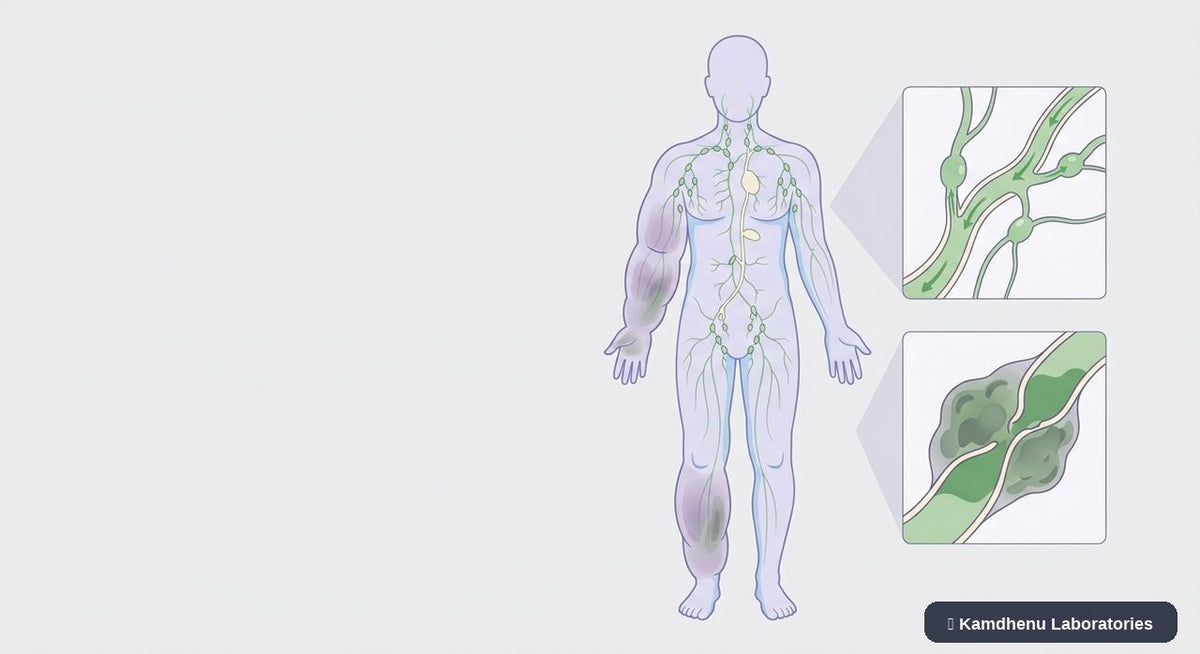 Editorial illustration representing Lymphoedema for the Kamdhenu Laboratories educational wellness blog.