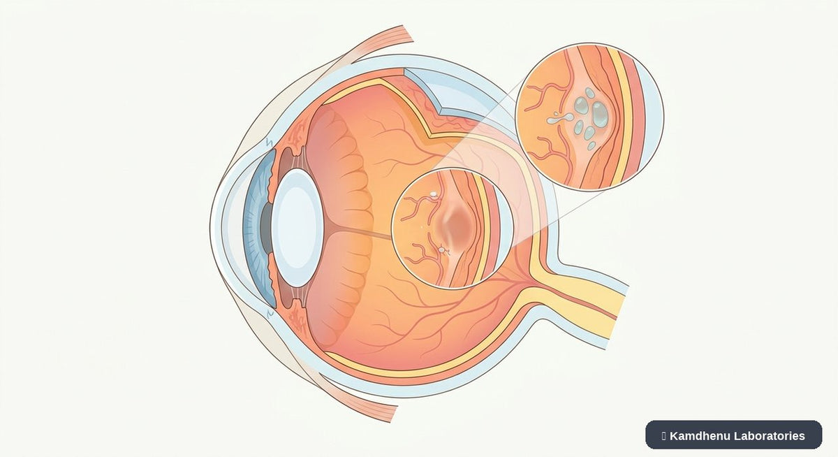 Editorial illustration representing Macular oedema for the Kamdhenu Laboratories educational wellness blog.