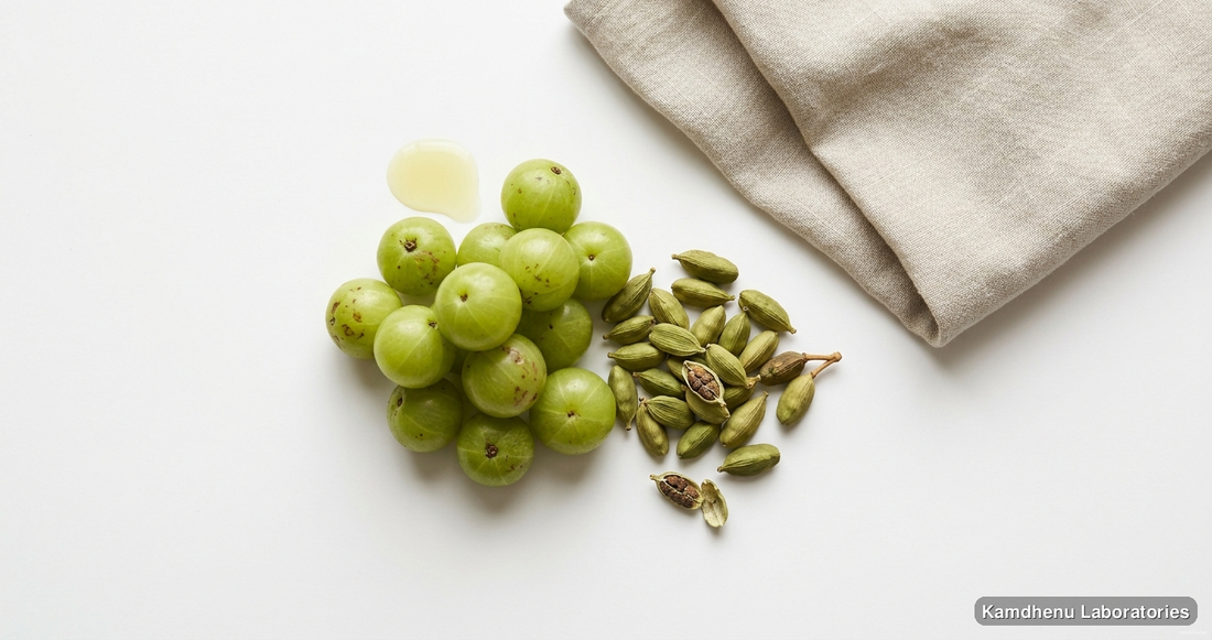 Madhu Awala Rasayan — Ayurvedic juice containing amla, elaichi. Clean product photograph on a soft light background.