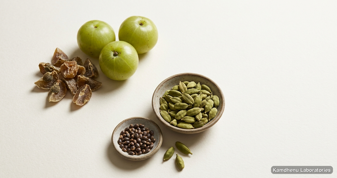 Madhu Awala Rasayan — Ayurvedic juice containing amla, elaichi. Clean product photograph on a soft light background.