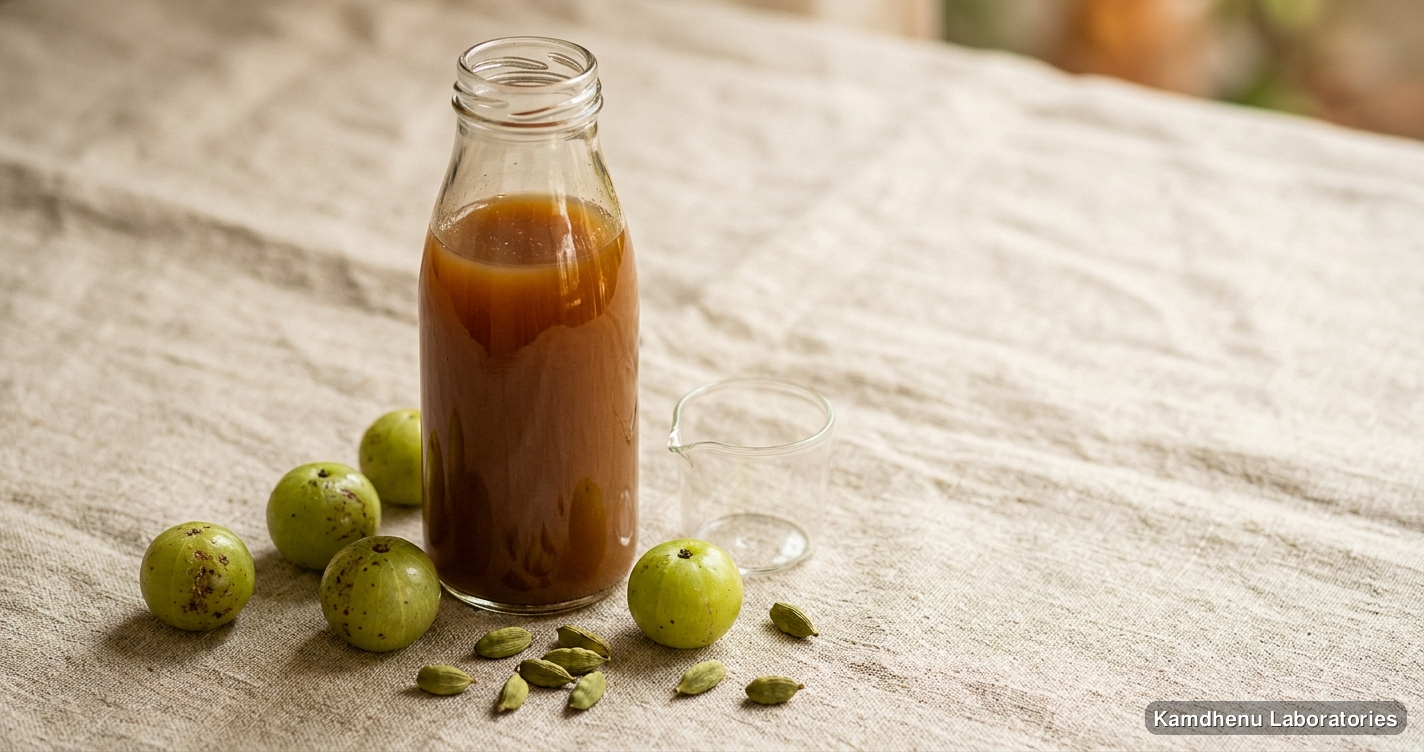 Ayurvedic juice — Madhu Awala Rasayan featuring amla, elaichi, photographed in a wellness setting