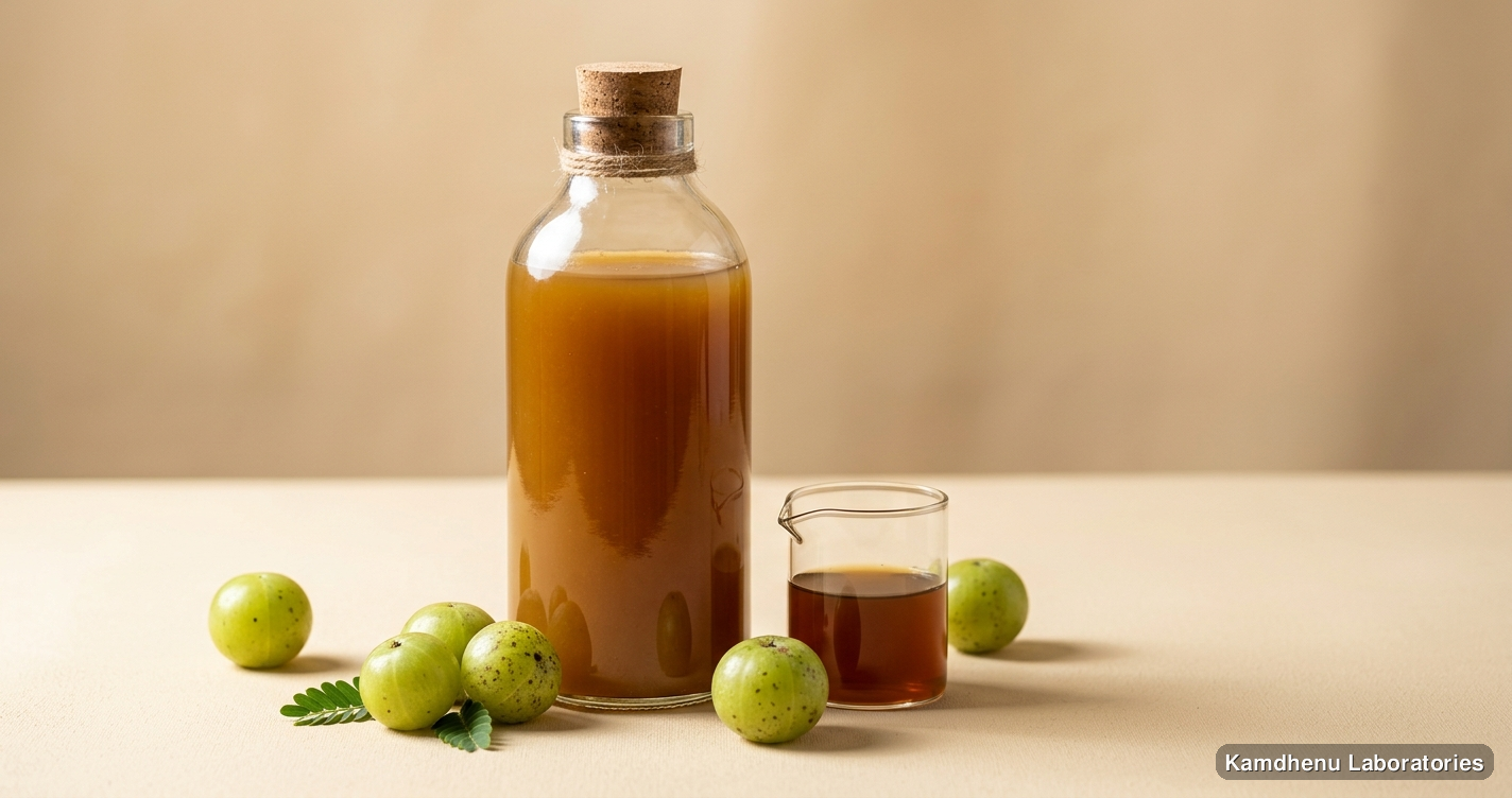 Ayurvedic juice — Madhu Awala Rasayan featuring amla, photographed in a wellness setting