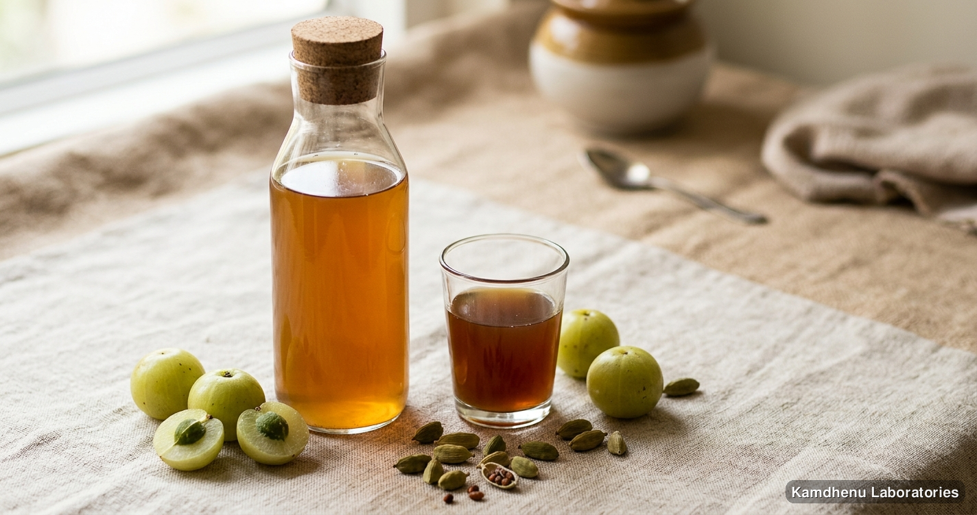 Ayurvedic juice — Madhu Awala Rasayan featuring amla, elaichi, photographed in a wellness setting