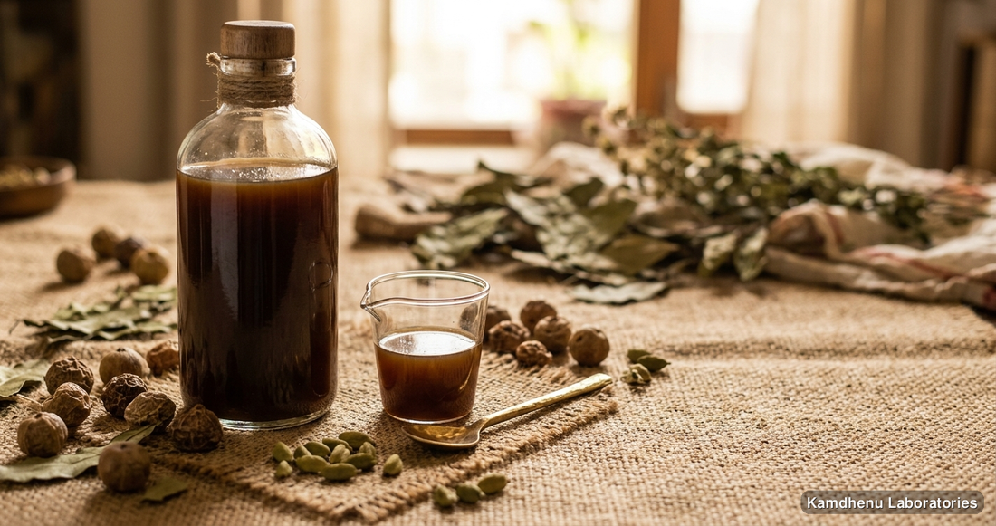 Ayurvedic juice — Madhu Awala Rasayan featuring amla, elaichi, photographed in a wellness setting