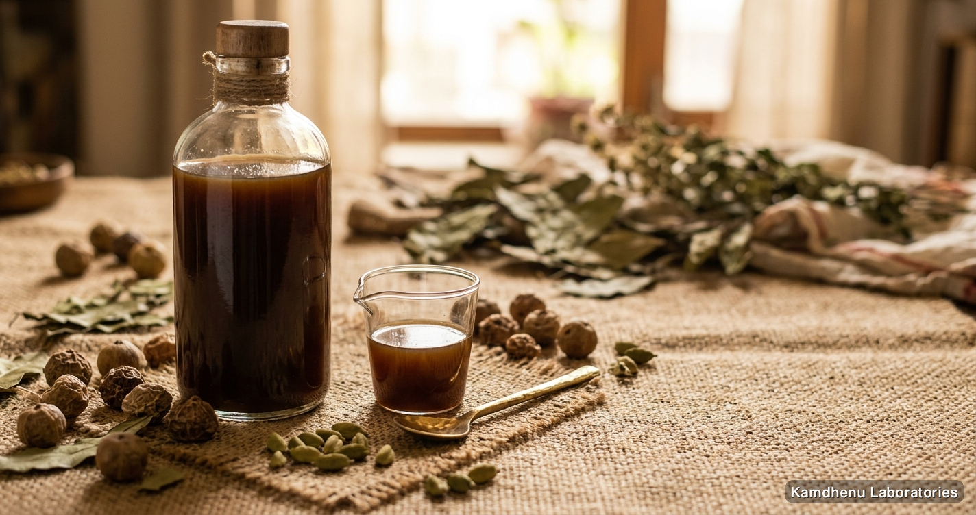 Ayurvedic juice — Madhu Awala Rasayan featuring amla, elaichi, photographed in a wellness setting
