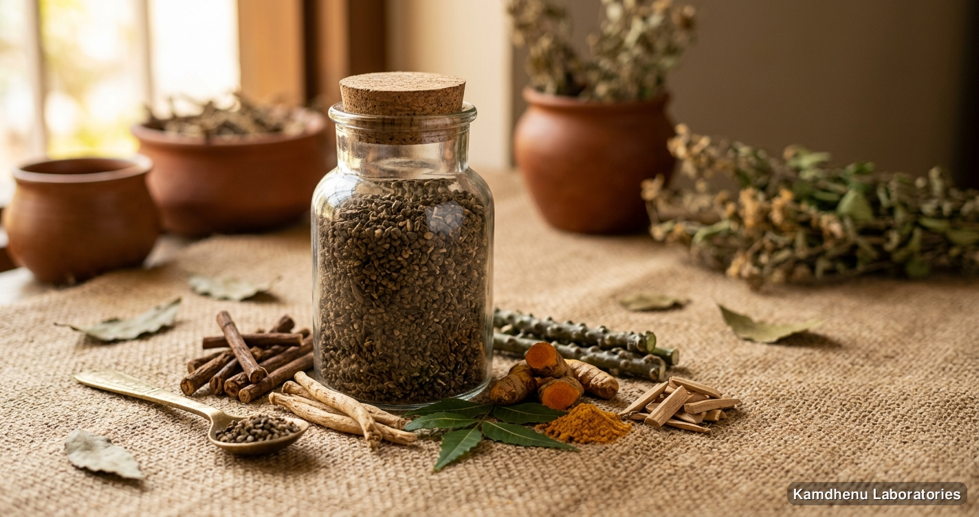 Ayurvedic product — Maha Majisthadhi Kwath Kan | 250GM featuring shatavari, neem, haldi, photographed in a wellness setting