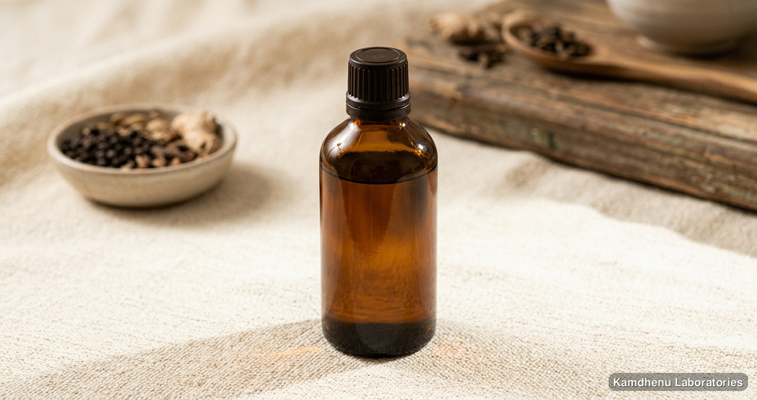 Ayurvedic oil — Maha Marichayadi Taila | 100 ml, photographed in a wellness setting