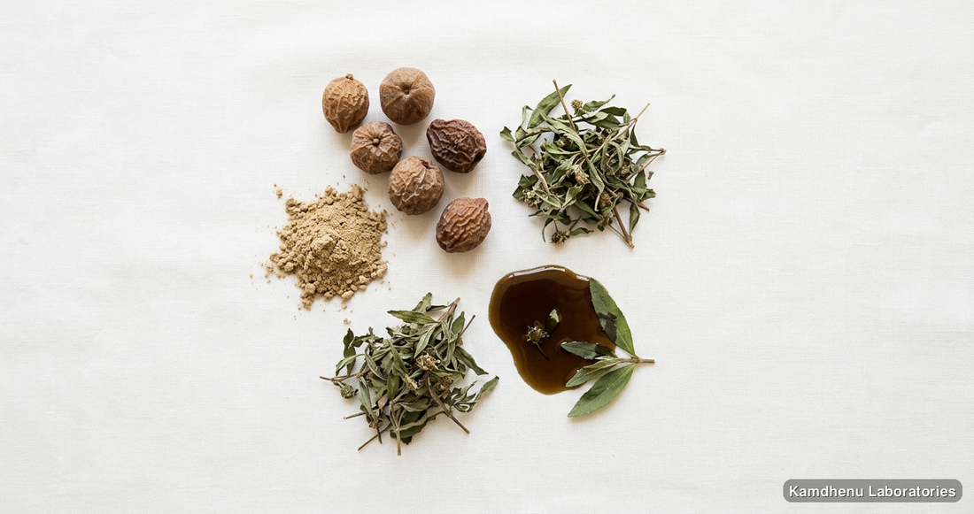 Mahabhringraj Hair Oil — Ayurvedic oil containing amla, bhringraj. Clean product photograph on a soft light background.