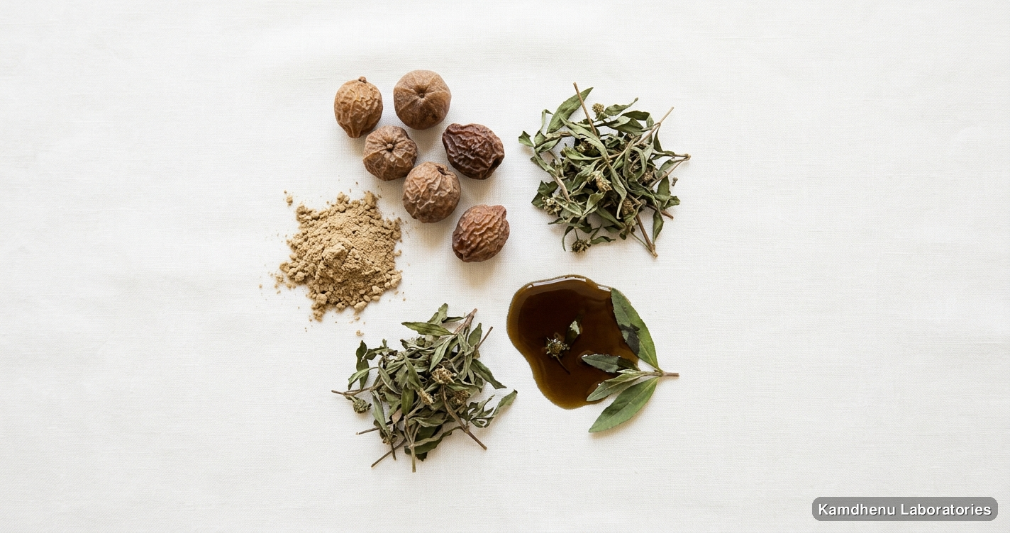 Mahabhringraj Hair Oil — Ayurvedic oil containing amla, bhringraj. Clean product photograph on a soft light background.