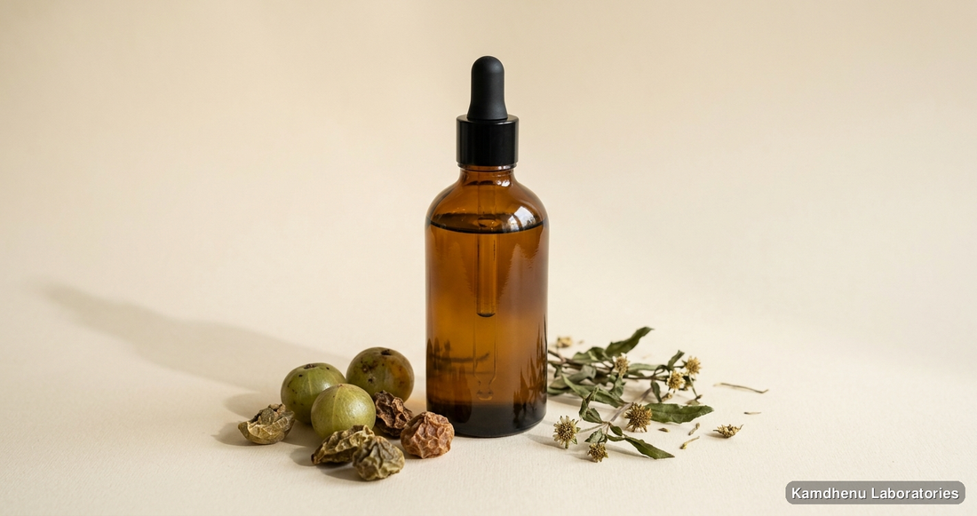 Ayurvedic oil — Mahabhringraj Hair Oil featuring amla, bhringraj, photographed in a wellness setting