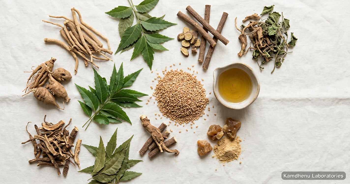 Mahamasha Taila | 100 ml — Ayurvedic oil containing shatavari, neem, mulethi. Clean product photograph on a soft light background.