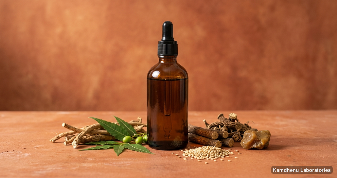 Ayurvedic oil — Mahamasha Taila | 100 ml featuring shatavari, neem, mulethi, photographed in a wellness setting