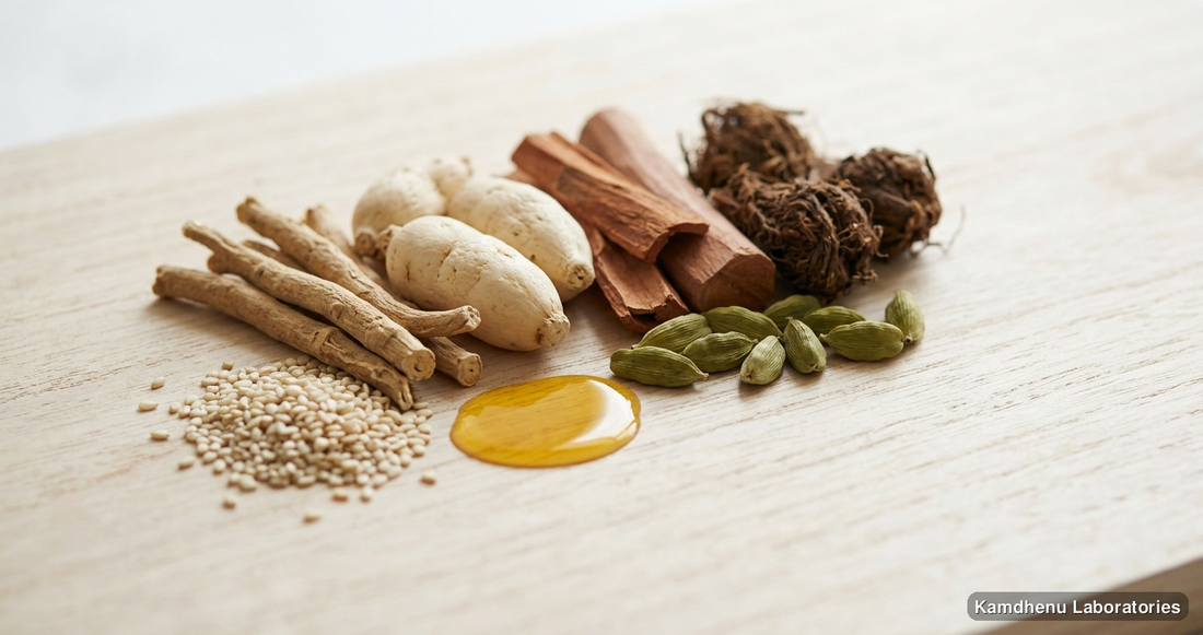 Mahanarayana Taila | 100 ml — Ayurvedic oil containing ashwagandha, shatavari, chandan. Clean product photograph on a soft light background.