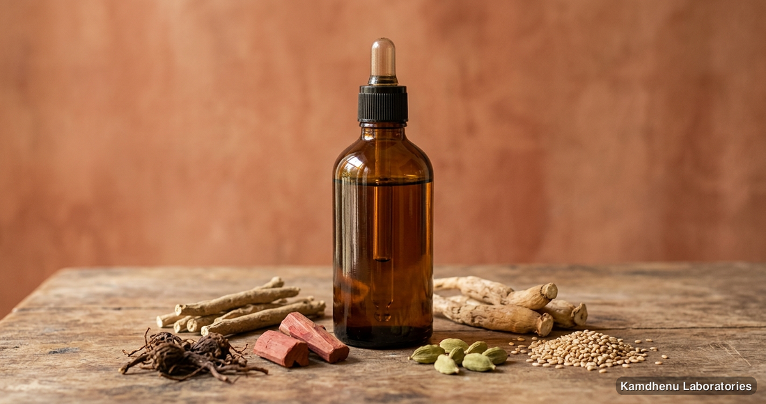 Ayurvedic oil — Mahanarayana Taila | 100 ml featuring ashwagandha, shatavari, chandan, photographed in a wellness setting