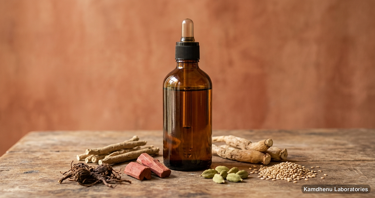 Ayurvedic oil — Mahanarayana Taila | 100 ml featuring ashwagandha, shatavari, chandan, photographed in a wellness setting