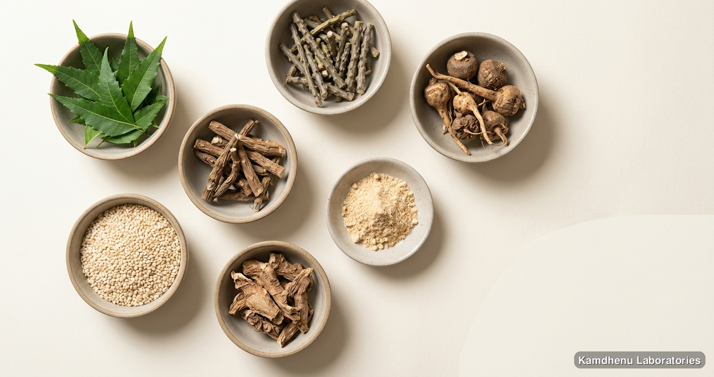 Mahavishgrabha Taila | 100 ml — Ayurvedic oil containing neem, giloy, punarnava. Clean product photograph on a soft light background.